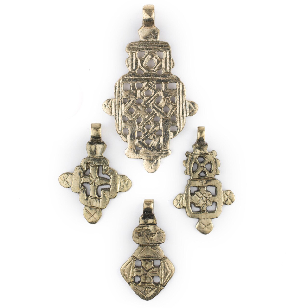 The Bead Chest 4 Pack: Ethiopian Brass Coptic Cross Pendants African Large Hole Handmade